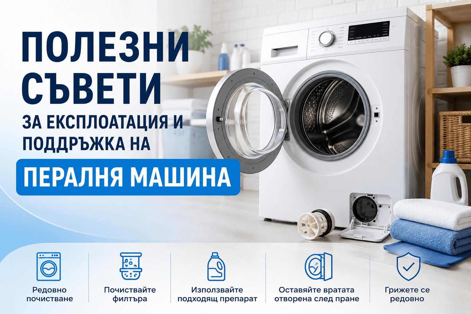 Полезни съвети за експлоатация и поддръжка на пералня машина – почистване на филтър, правилен препарат и редовна профилактика